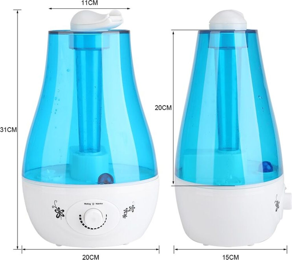 Zwei weiße Luftbefeuchter mit blauem transparentem Tank und Einstellknopf.