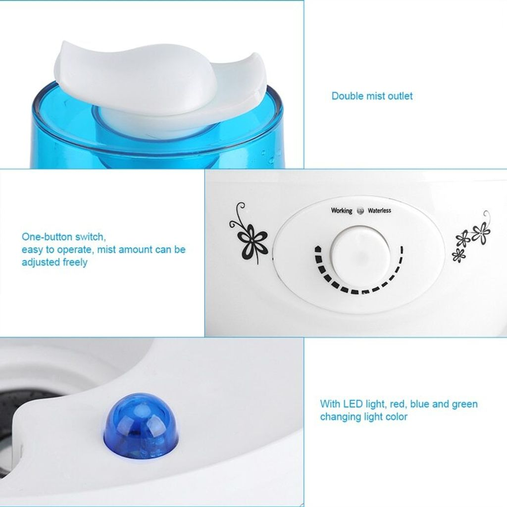 Nahaufnahme eines Luftbefeuchters mit blauem Tank, doppeltem Nebelauslass, Bedienelementen und LED-Licht.