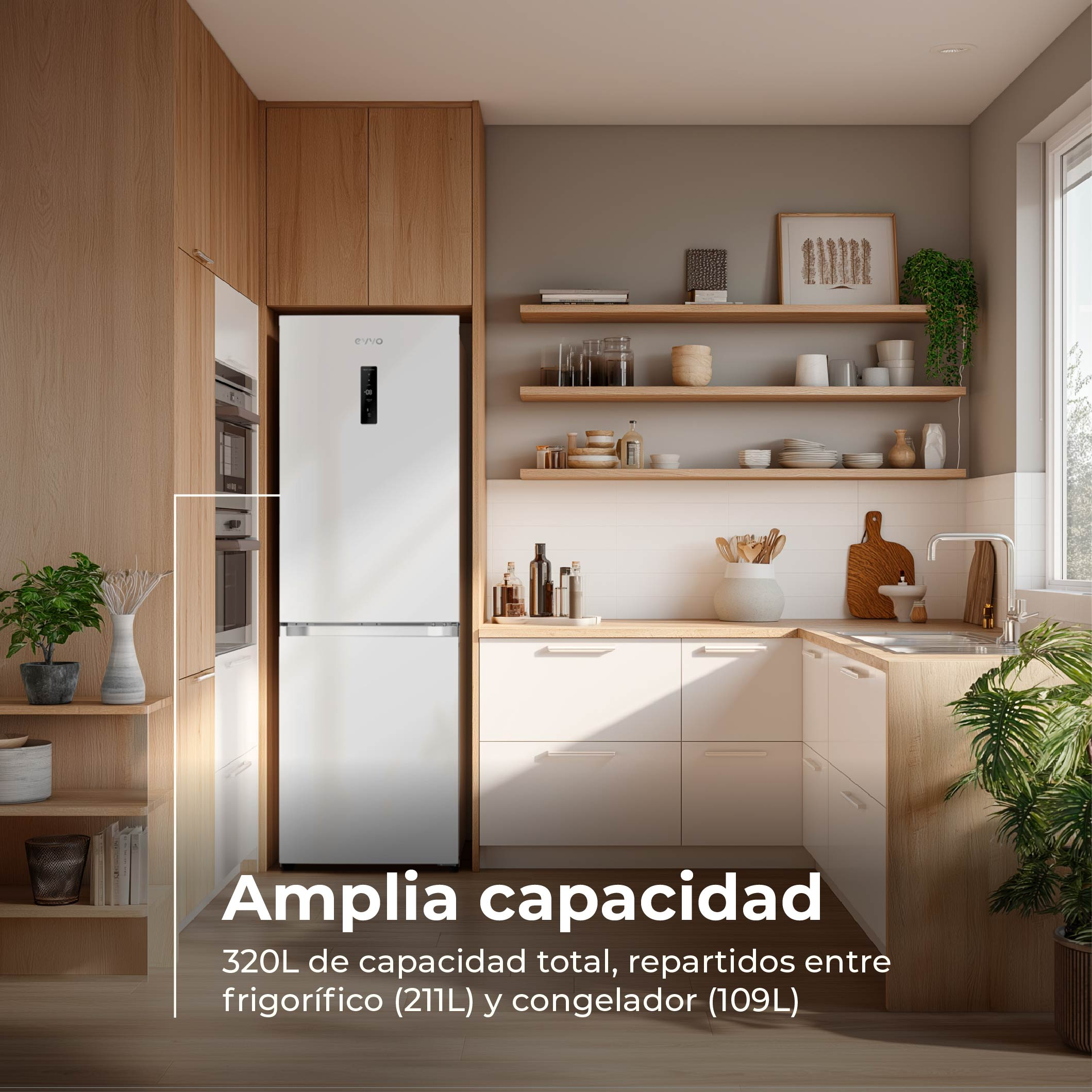 Cocina moderna con frigorífico blanco, detalles de madera y estantes.