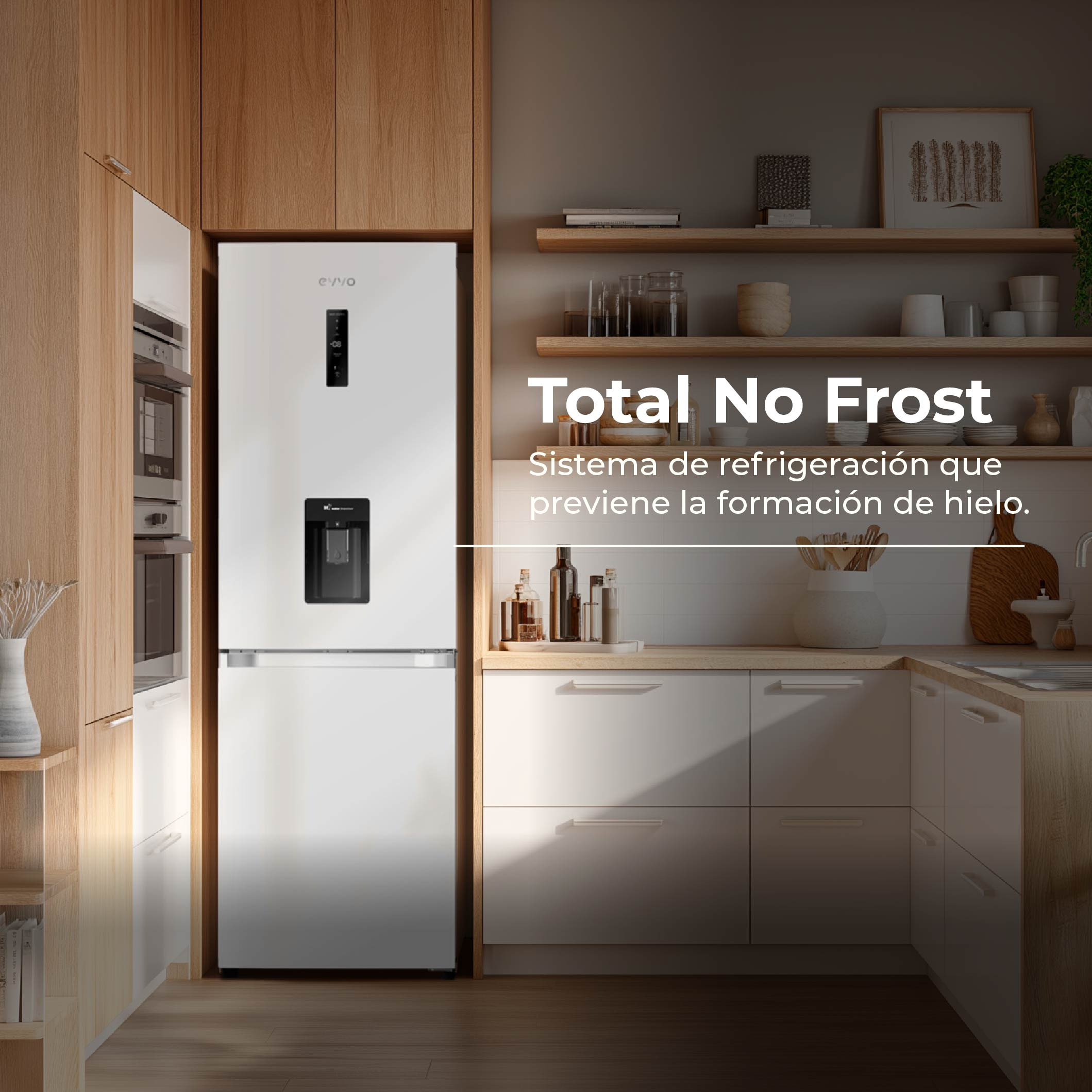 Refrigerador blanco con dispensador de agua en cocina moderna con detalles de madera.