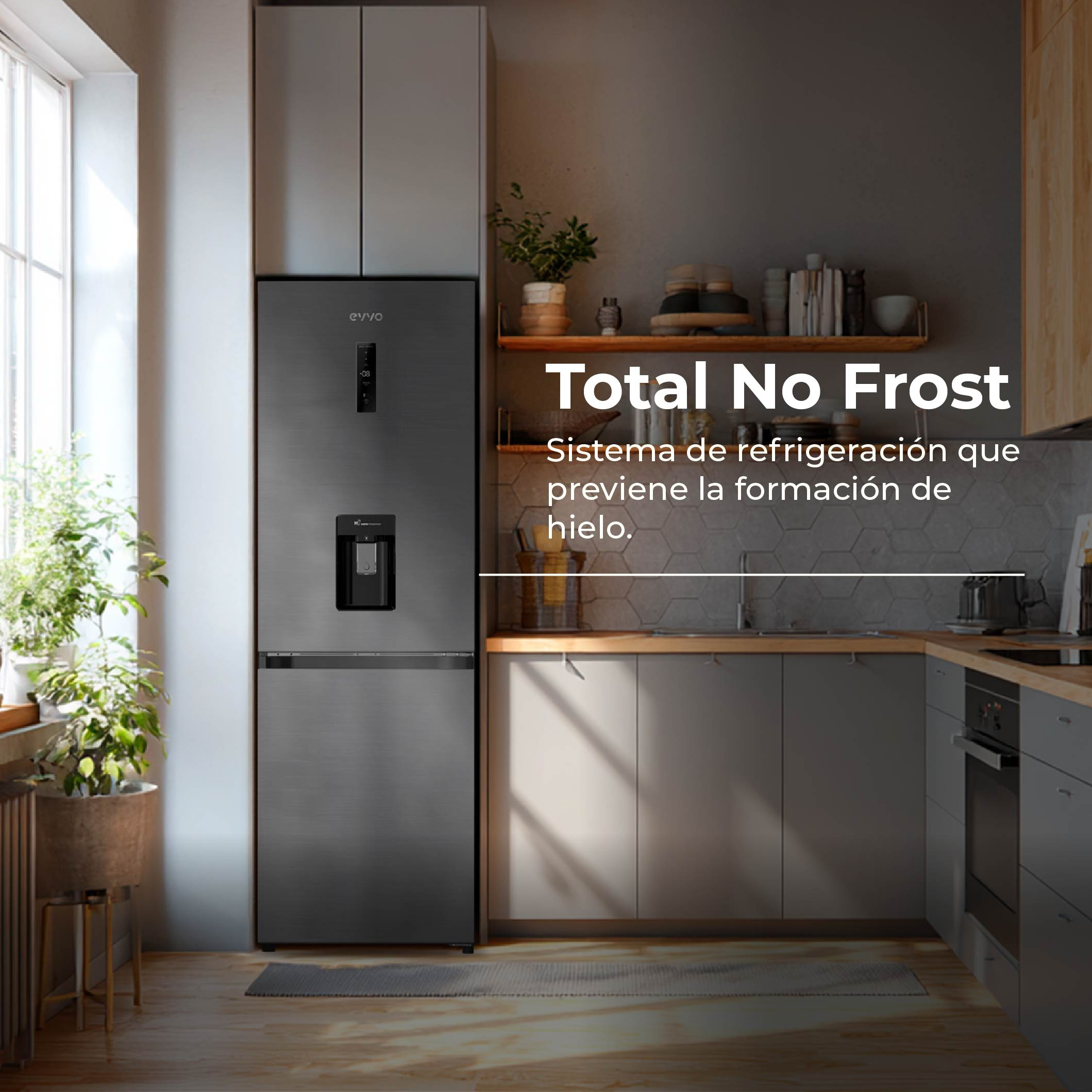 Refrigerador gris moderno con dispensador de agua en una cocina elegante.