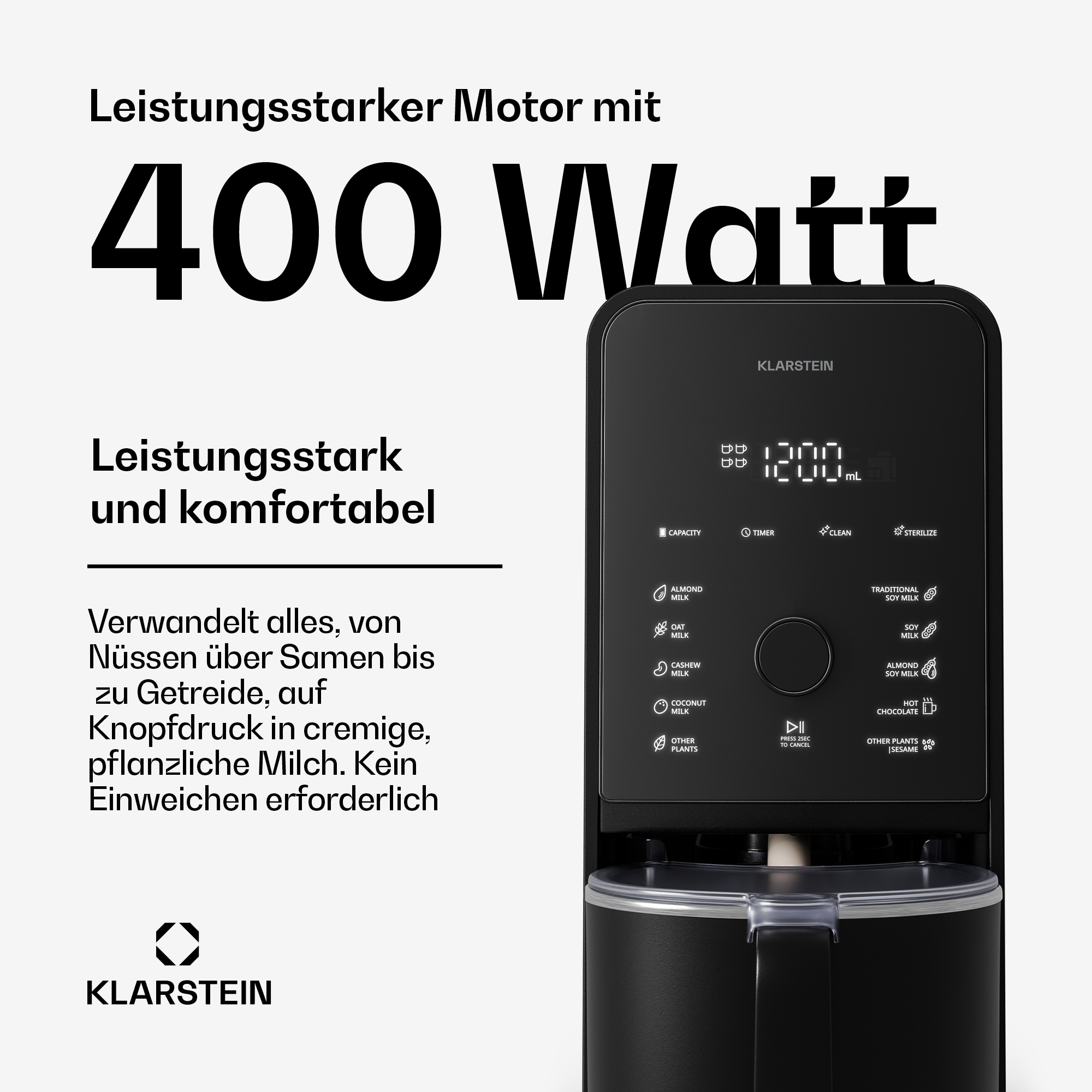 Ein Klarstein Mixer mit 400W Leistung, digitalem Display und verschiedenen Modi.
