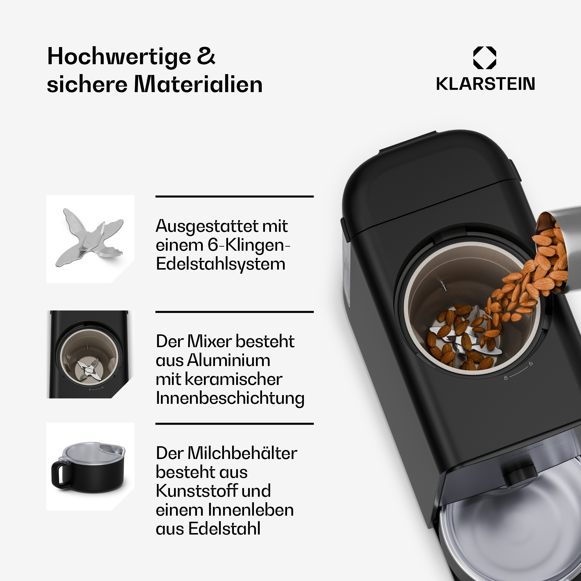 Ein schwarzer Mixer mit Klarstein-Logo. Zeigt Klingen, Behälter und Mandeln.