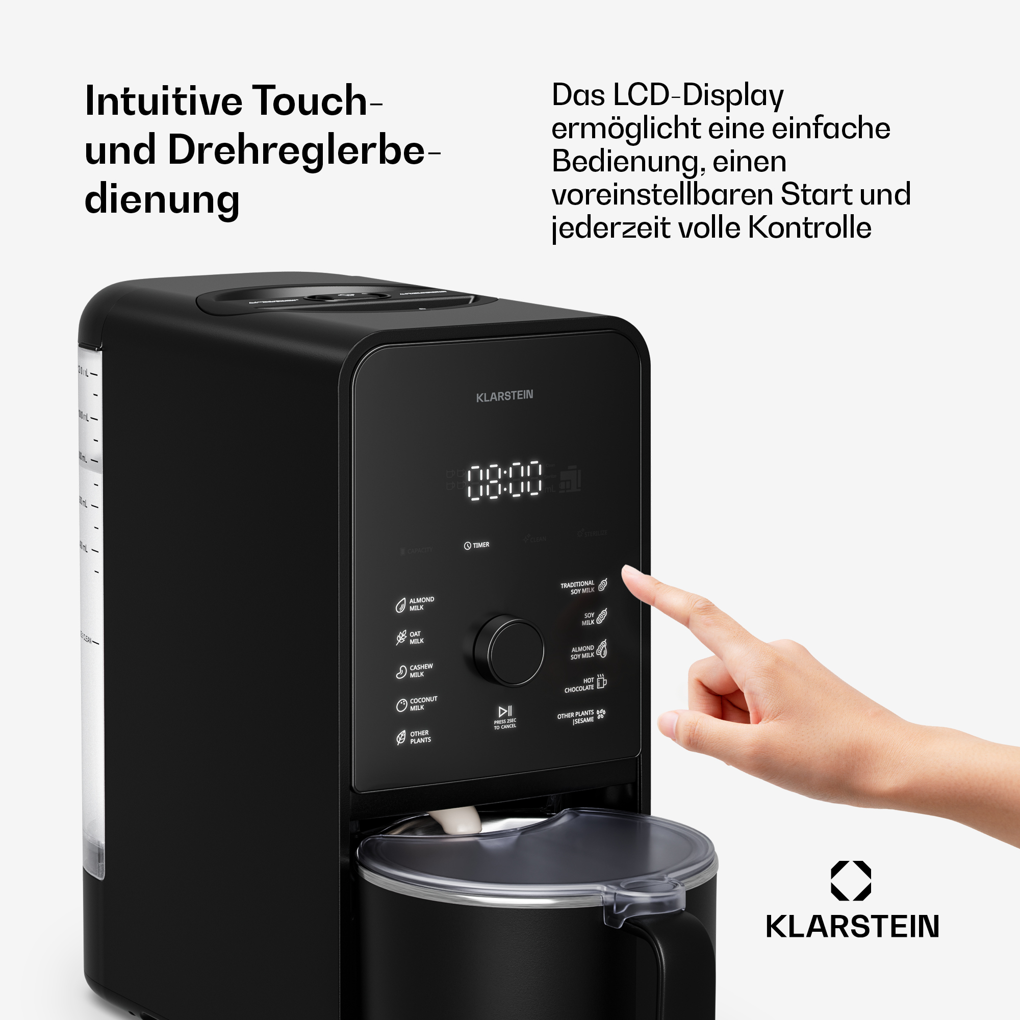 Ein schwarzer Klarstein Milchbereiter mit Touchscreen-Bedienung und einem LCD-Display.