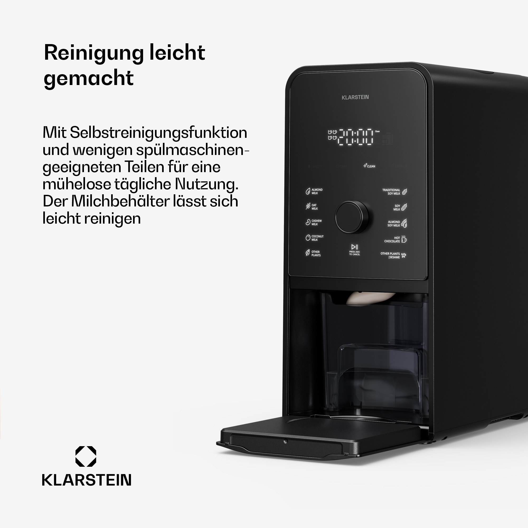 Schwarzer Klarstein Milchbereiter mit Bedienfeld und ausziehbarem Behälter.