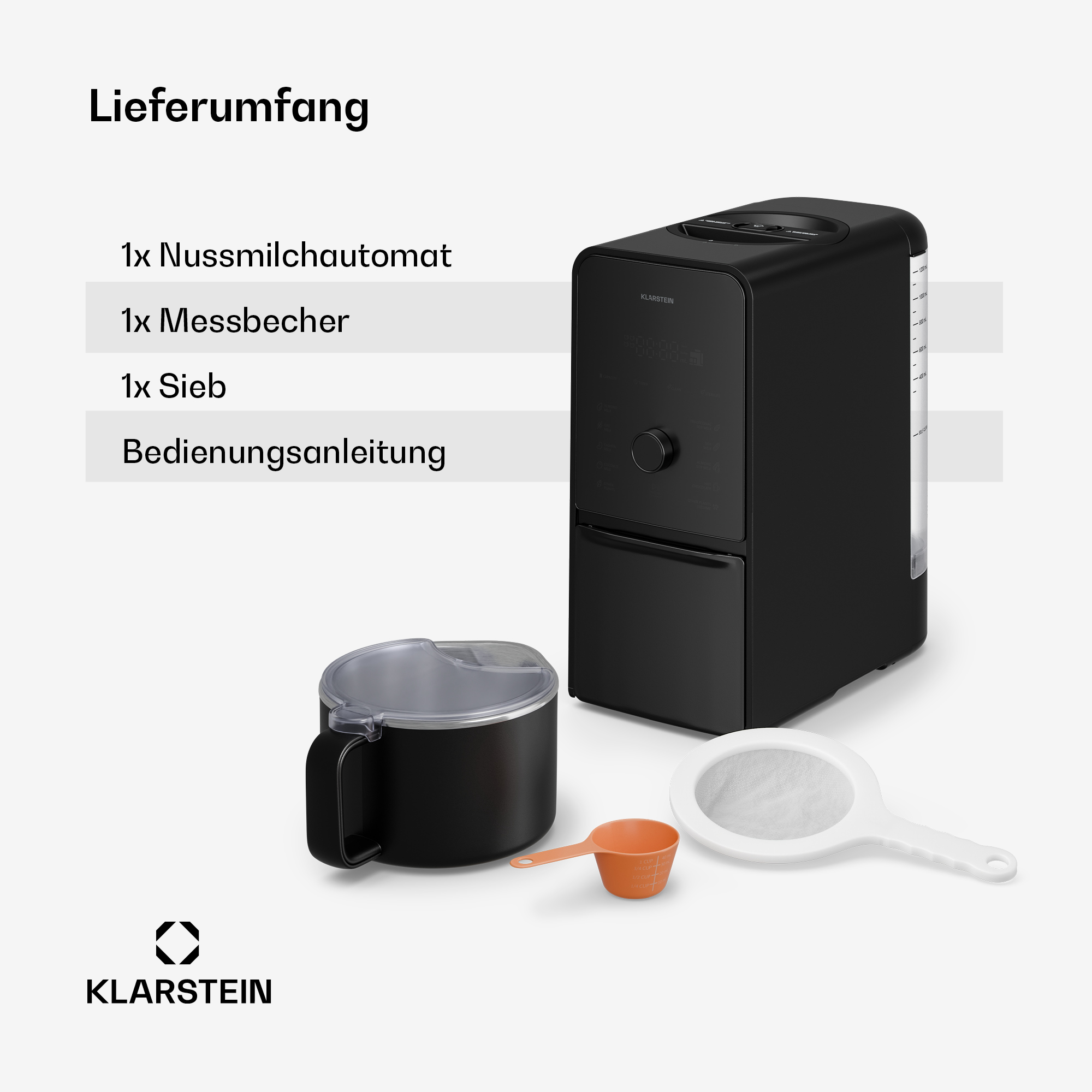Lieferumfang eines Nussmilchautomaten mit Messbecher, Sieb und Anleitung.