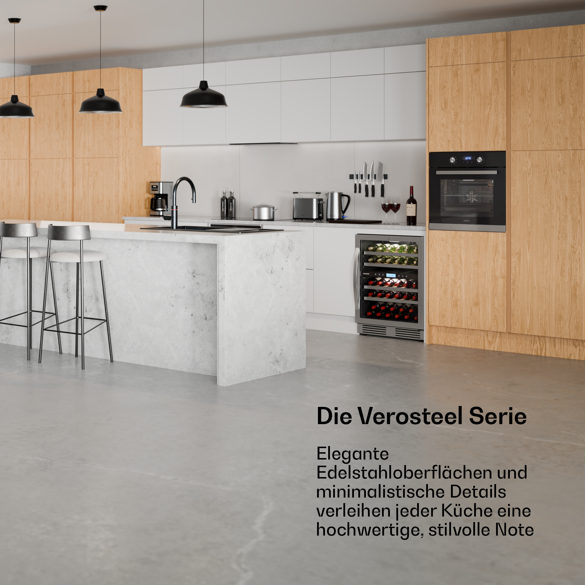Cucina moderna con isola, sgabelli da bar, cantinetta e forno.