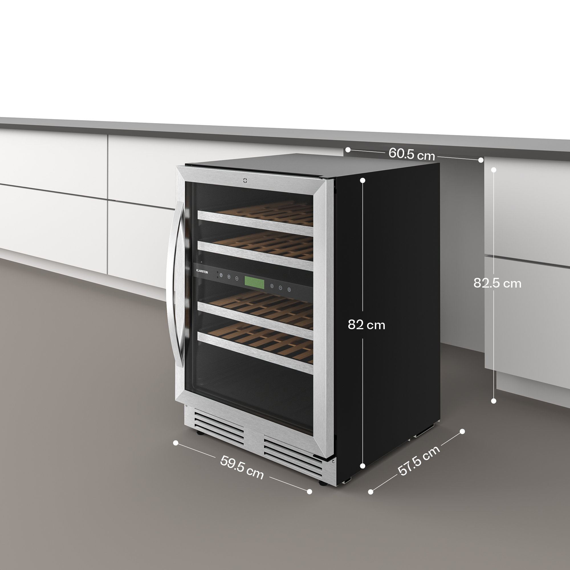 Una cantinetta nera con porta in vetro e finiture in acciaio inox su pavimento grigio.