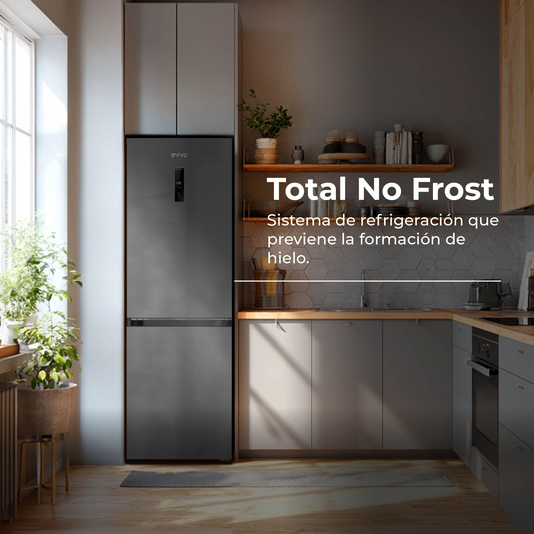 Cocina moderna con refrigerador oscuro y pisos de madera.