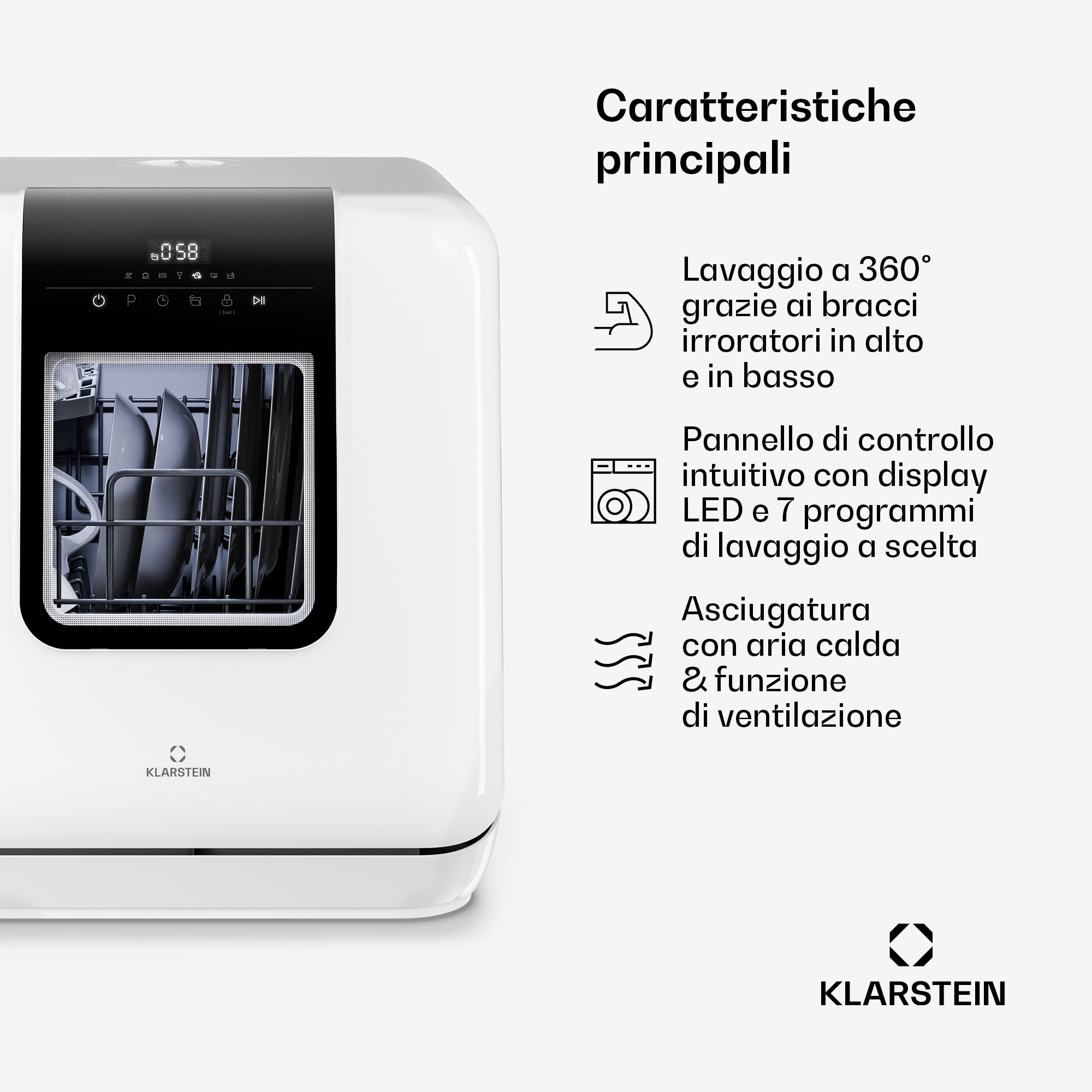 Ein weißer Klarstein Geschirrspüler mit schwarzem Bedienfeld und offenem Innenraum.