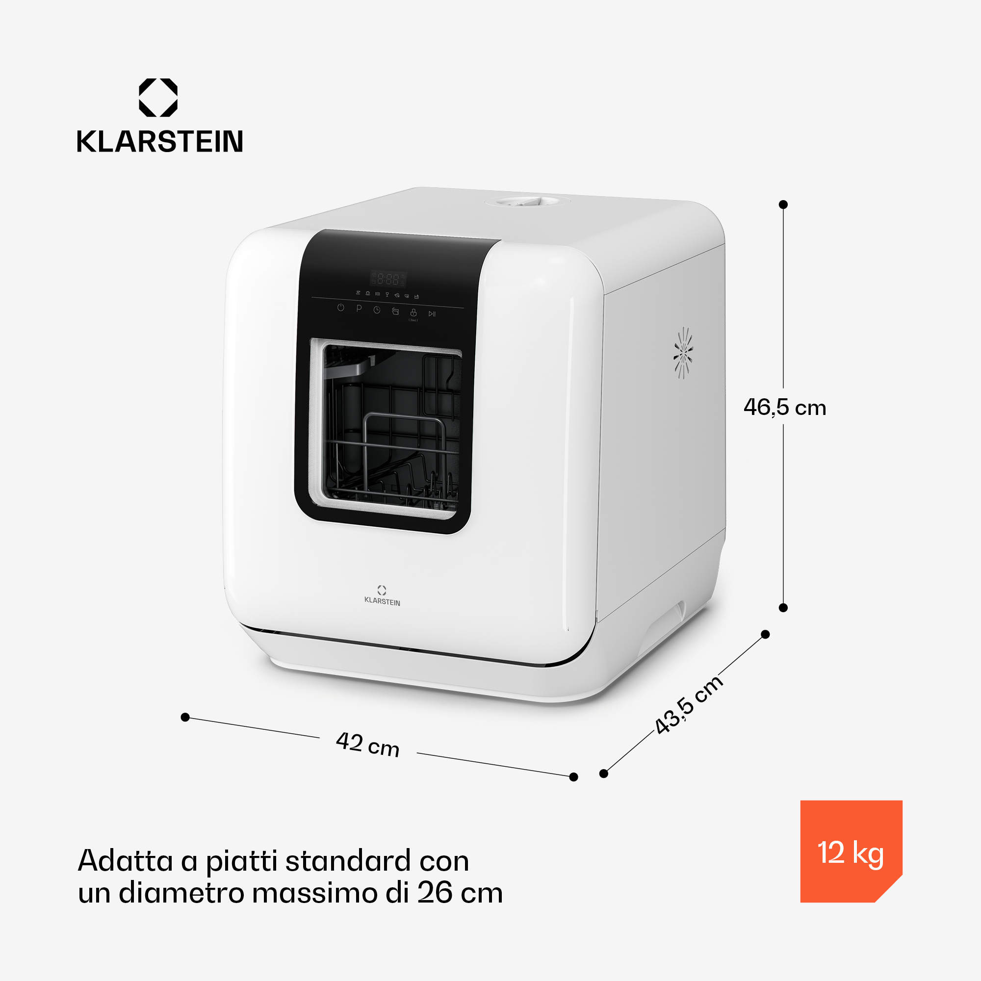 Weiße Klarstein Spülmaschine mit Display, Maßen 42x43.5x46.5cm, 12kg.