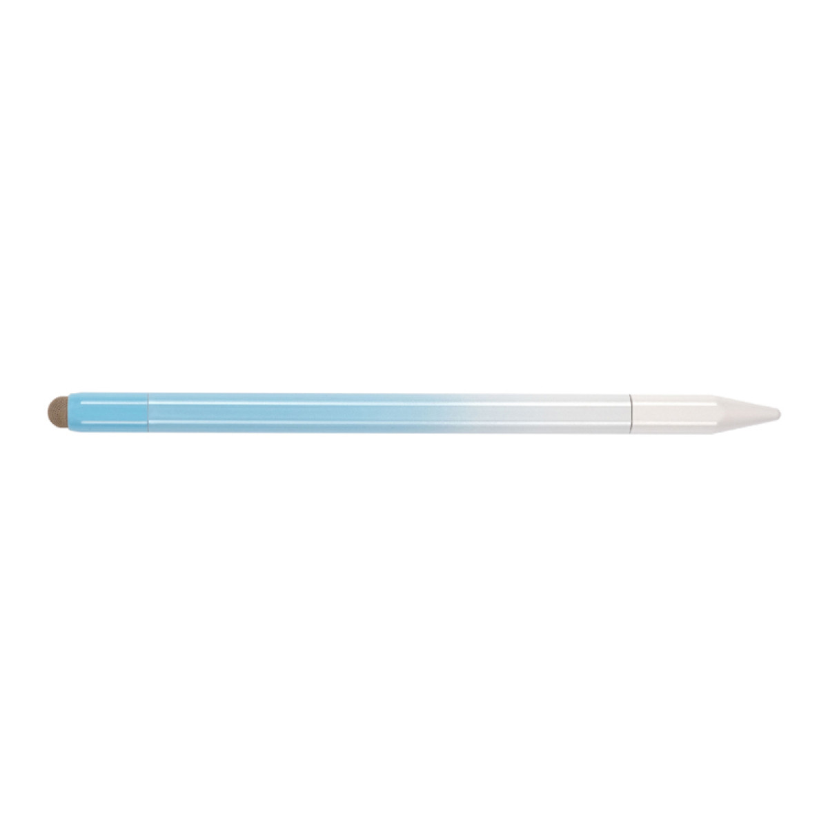 Ein digitaler Stift mit blauem Farbverlauf und silberner Spitze auf weißem Hintergrund.