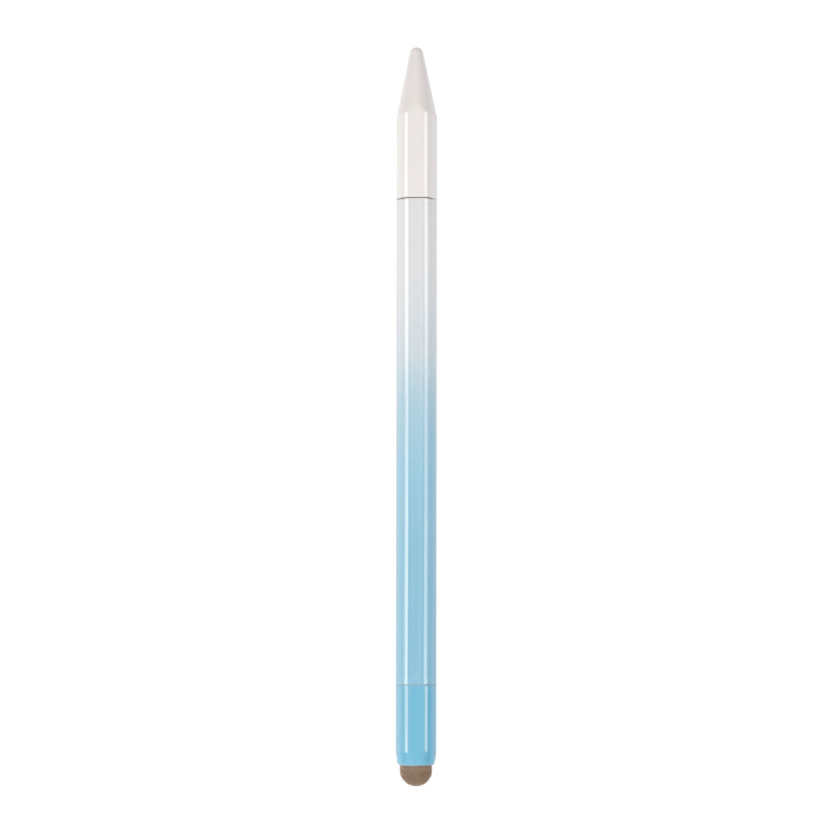 Ein blauer und weißer Stift mit einem spitzen Ende auf weißem Hintergrund.