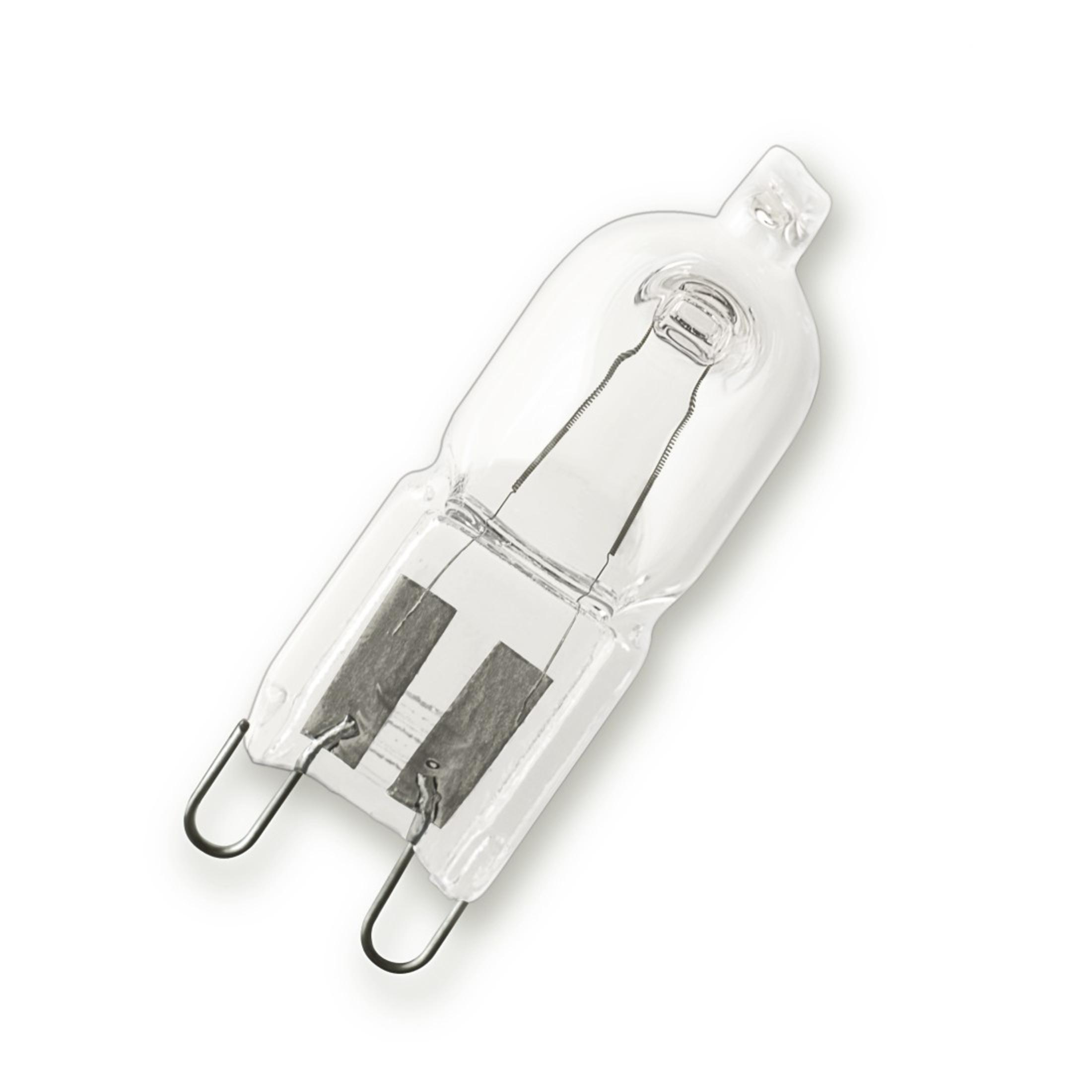 Eine klare Halogenlampe mit zwei Stiften und einem Filament.