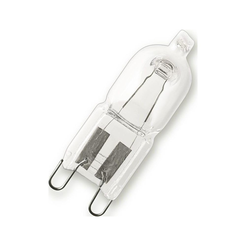 Eine klare Halogenlampe mit zwei Metallstiften und einem Glühdraht im Inneren.