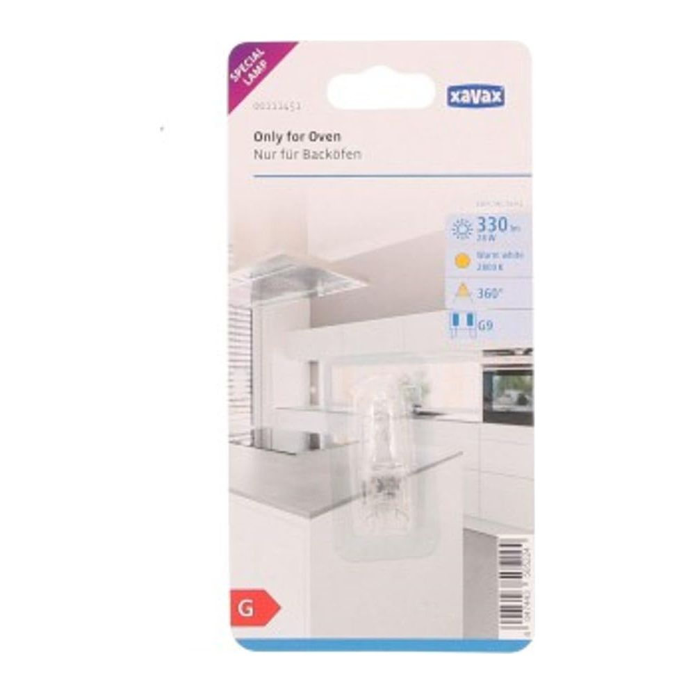 Verpackung einer Lampe für den Backofen mit technischen Details.