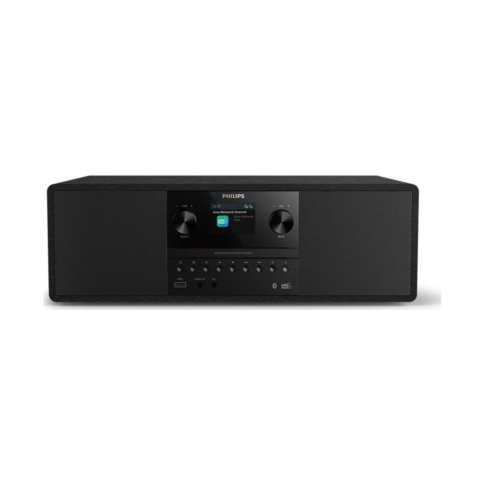 Schwarzer Philips Mikro-Musiksystem mit Lautsprechern und Display.