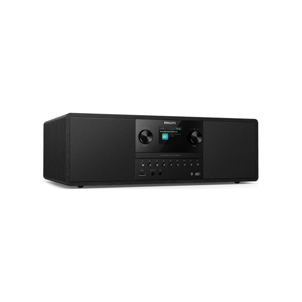 Schwarzes Philips HiFi-System mit Lautsprechern, Display und Bedienelementen.