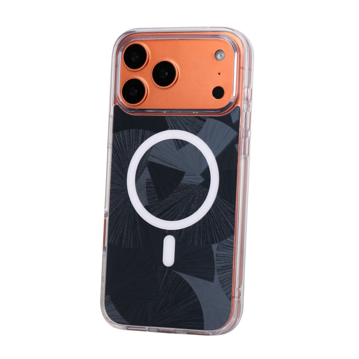 iPhone Hülle mit orangefarbener Kameraabdeckung und schwarzem Muster.