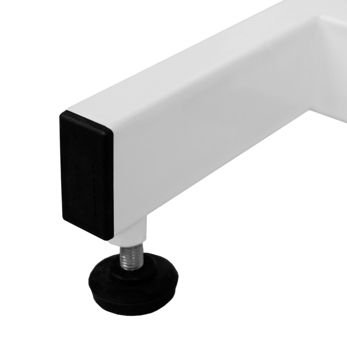 Pata de mesa blanca con pie de goma negro y nivelador ajustable.