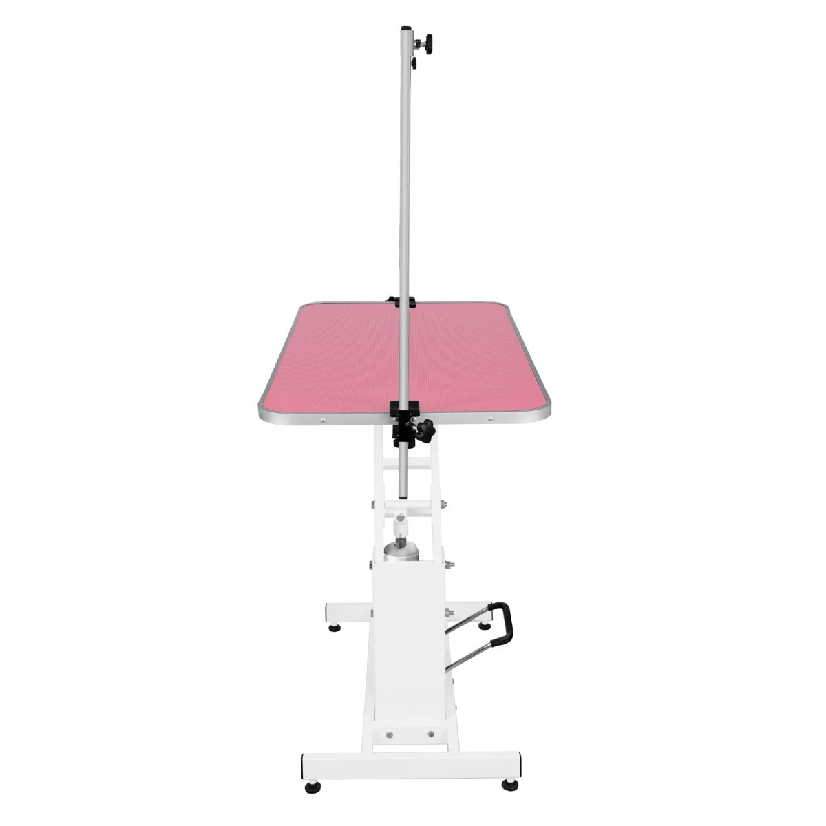Mesa de aseo ajustable en altura con superficie rosa y brazo de soporte plateado.