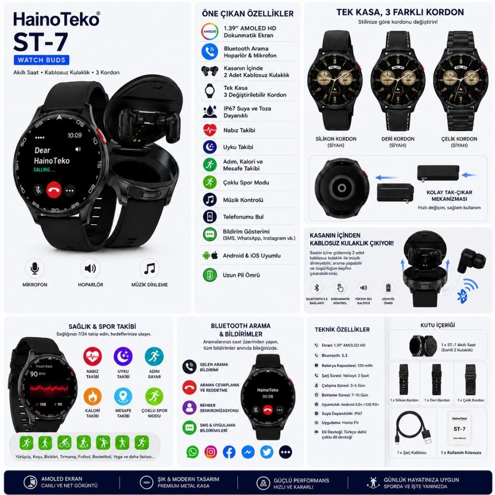 AMOLED ekranlı, Bluetooth aramalı ve müzikli HainoTeko ST-7 akıllı saat.