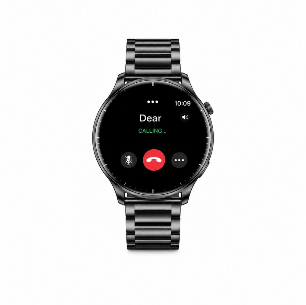 Siyah akıllı saat arama ekranı: 'Dear CALLING...' kırmızı ve beyaz simgelerle.