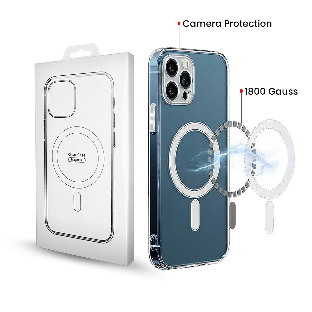 Eine durchsichtige Handyhülle mit Magnetring und Verpackung.