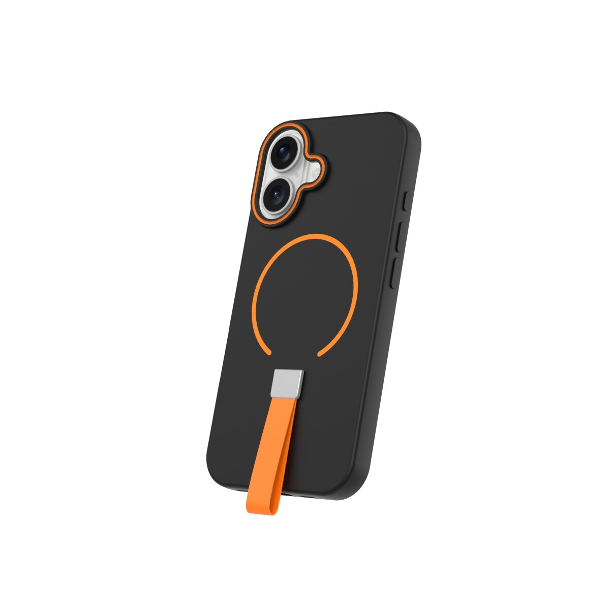 Schwarzes Handyhülle mit orangefarbenem Ring und Trageband.