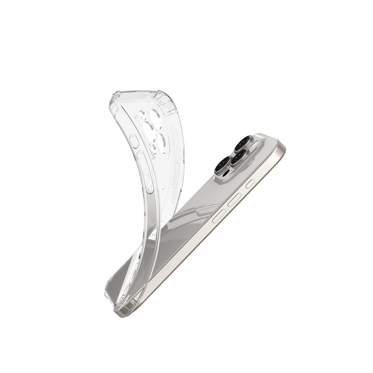 Ein durchsichtiges Handyhülle über einem silbernen Smartphone mit drei Kameras.