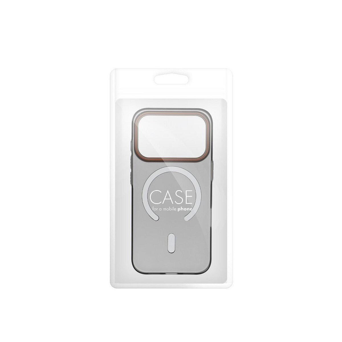 Graue Handyhülle mit braunem Rand in transparenter Verpackung.