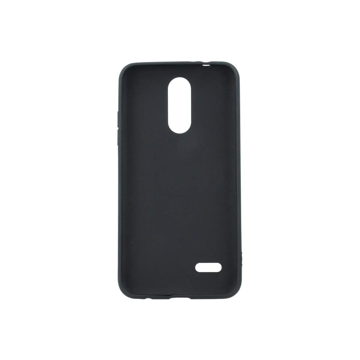 Eine schwarze Handyhülle mit Ausschnitten für Kamera und Tasten auf weißem Grund.