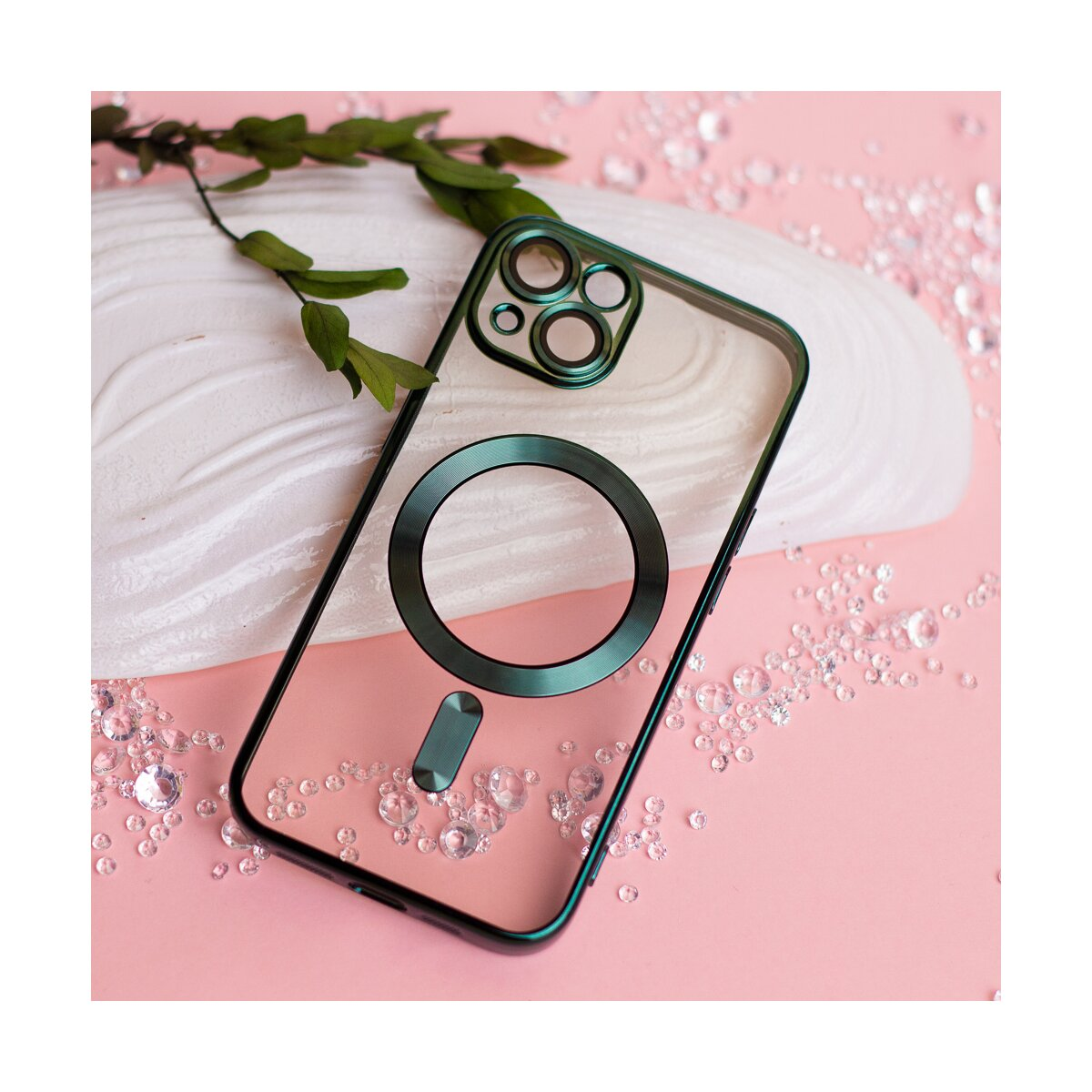 Transparente Handyhülle mit grünen Akzenten und Magnetring auf rosa Untergrund.
