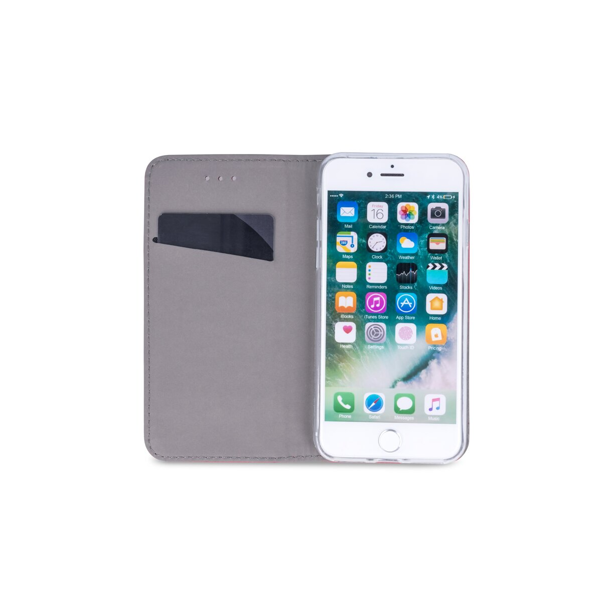 Ein graues Klapphandyhülle mit einem iPhone 7, das auf dem Bildschirm geöffnet ist.