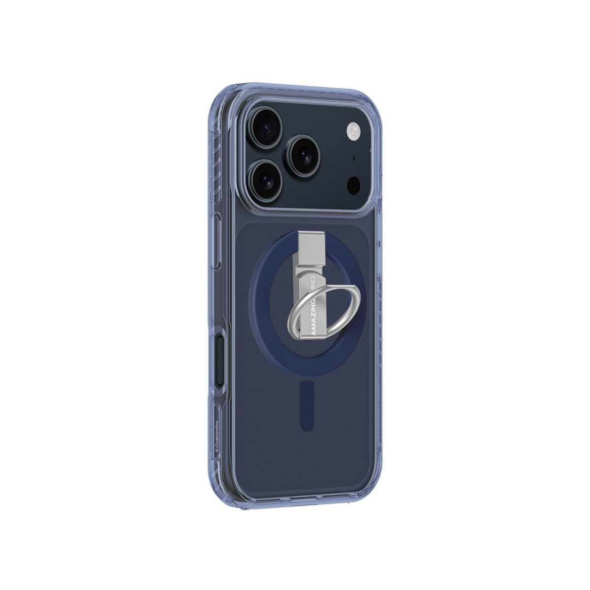 Dunkelblaues iPhone-Case mit transparentem Rahmen und silbernem Ringhalter.