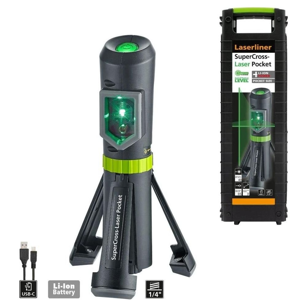 Laserliner SuperCross-Laser Pocket mit drei ausklappbaren Beinen und USB-C-Ladeanschluss.