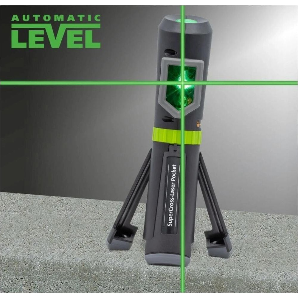 Automatisches Laser-Wasserwaage-Werkzeug mit grünen Fadenkreuzen auf Betonoberfläche.