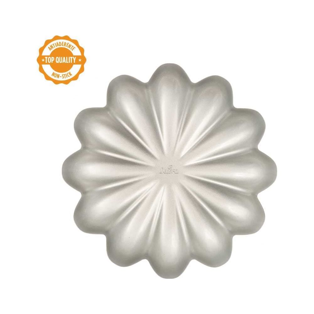 Graue Blumenbackform mit 10 Blütenblättern und einem "Top Quality"-Aufkleber.