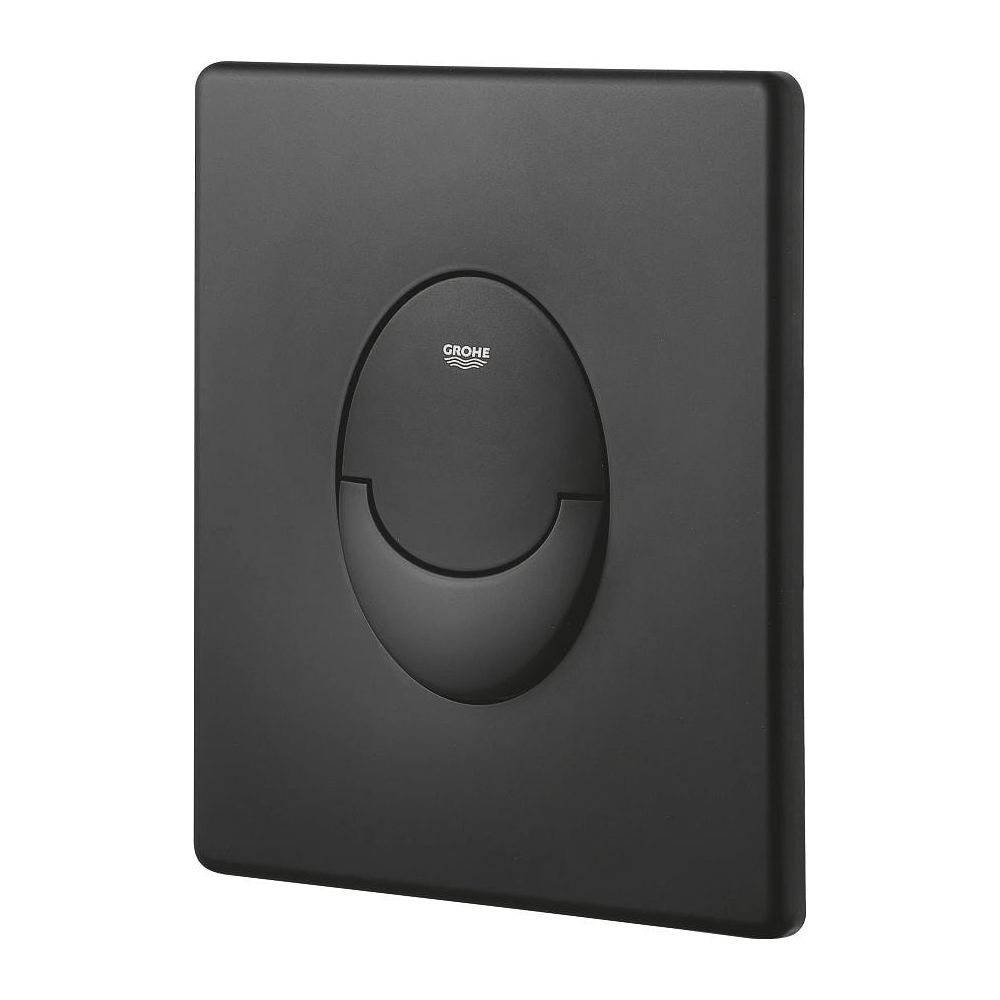 Eine schwarze Drückerplatte mit dem GROHE-Logo und einer runden Aussparung.