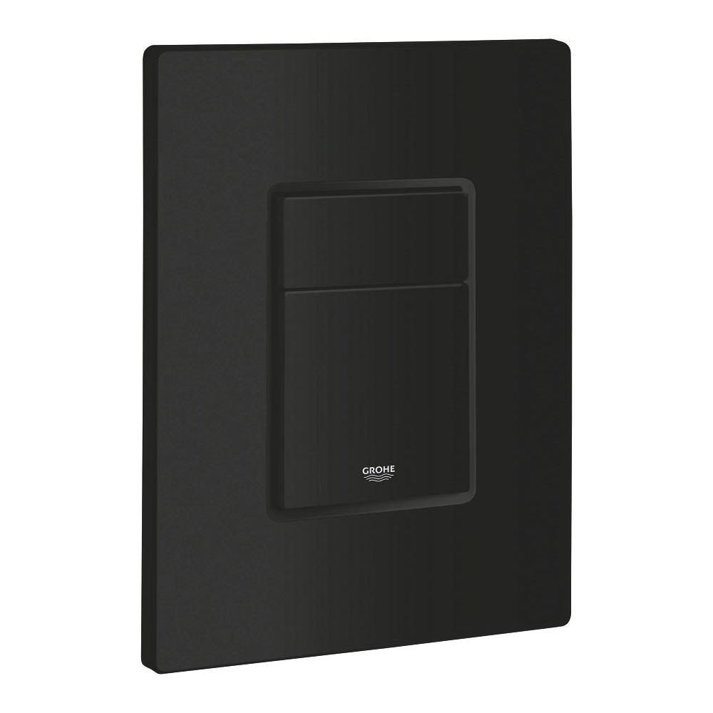 Eine schwarze Grohe Spülplatte mit zwei Tasten.