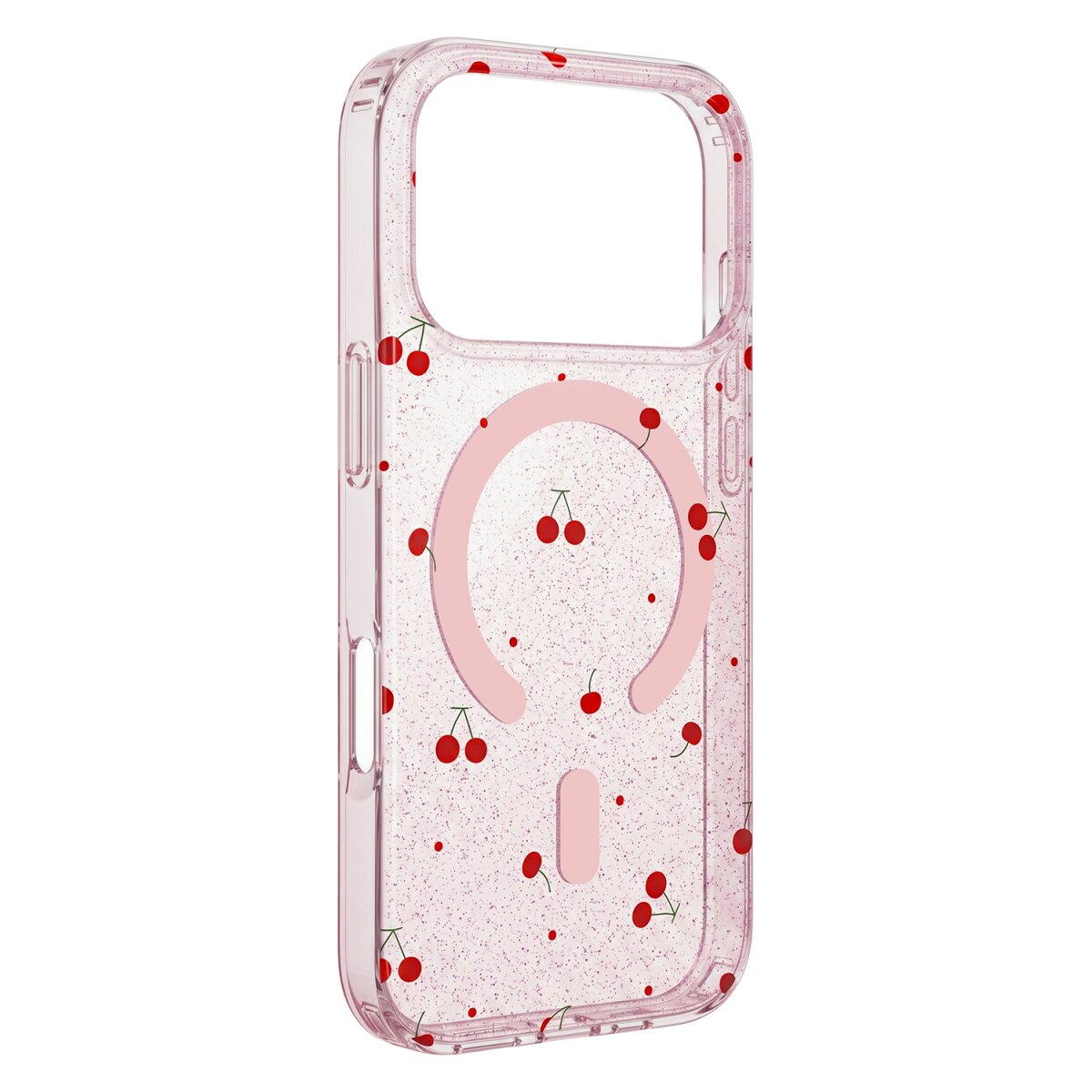 Transparente Handyhülle mit Kirschmuster und Glitzerpartikeln.