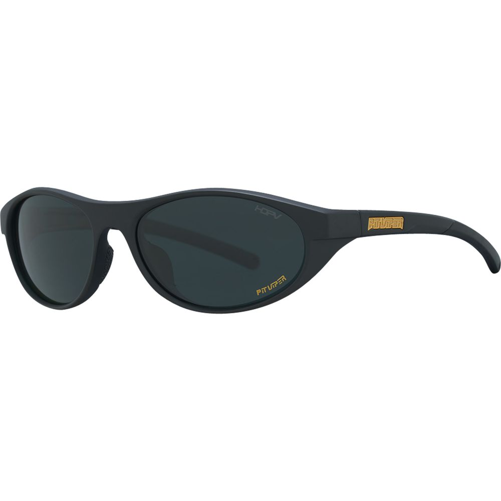Schwarze Sonnenbrille mit dunklen Gläsern und goldenem Logo auf dem Bügel.
