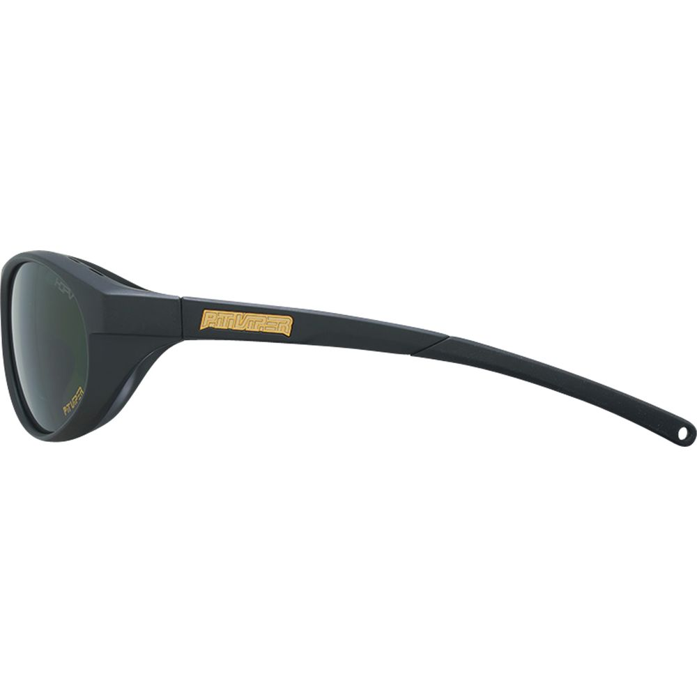Schwarze Sonnenbrille mit goldenem Schriftzug und dunklen Gläsern.