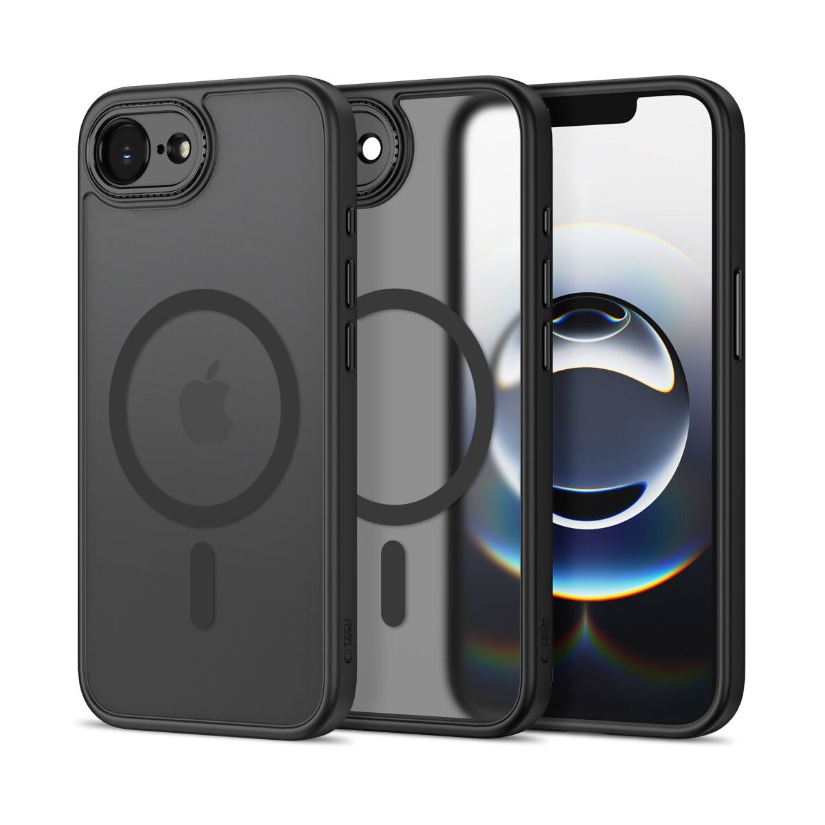 Drei iPhone-Hüllen werden gezeigt. Eine ist schwarz mit Apple-Logo. Eine andere ist klar mit Magnetring. Die dritte ist ein Handybildschirm.