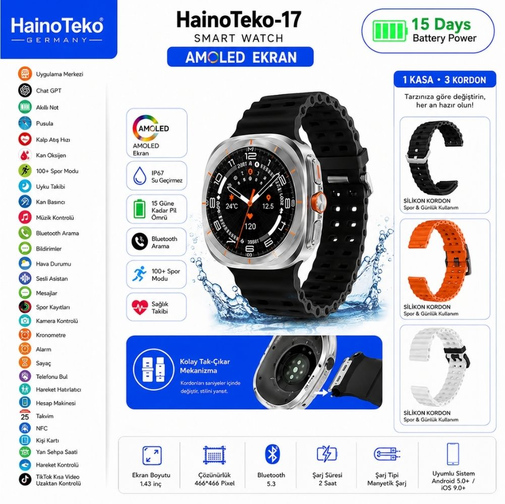 Haino Teko Akıllı Saat: AMOLED ekran, 15 gün pil, IP67, 100+ spor modu.