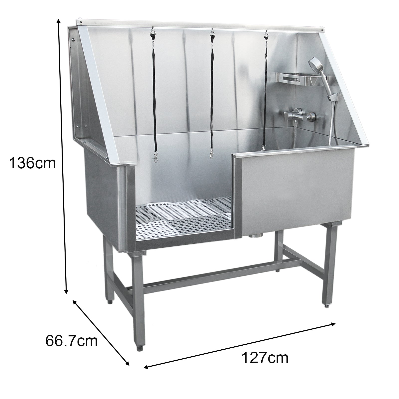 Una bañera de acero inoxidable para perros, de 127x66.7x136cm.