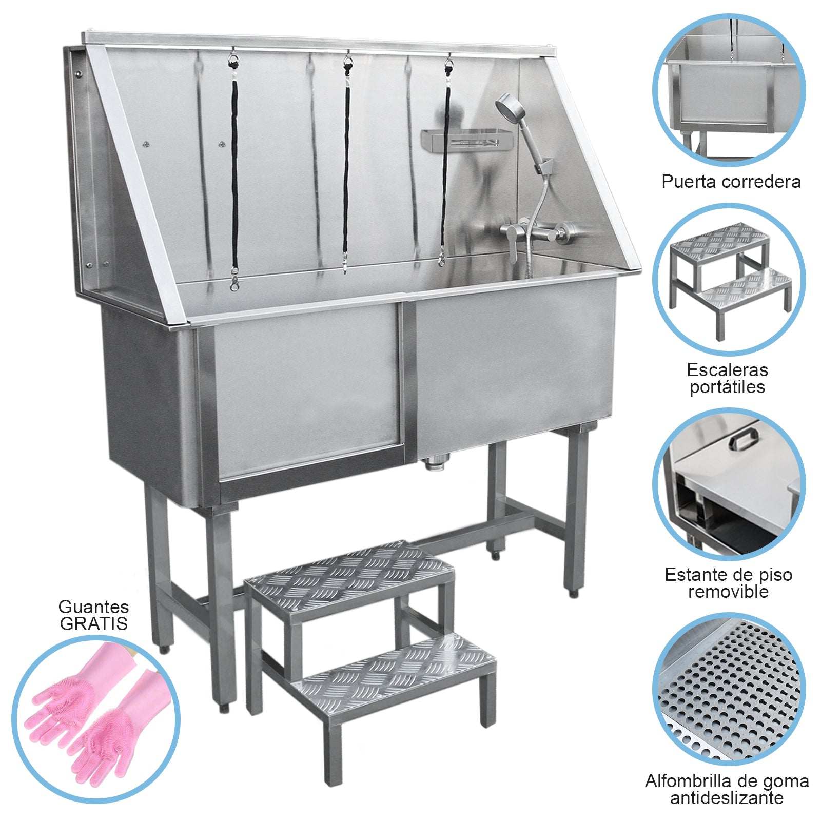 Bañera de acero inoxidable con ducha, escaleras y guantes rosas.