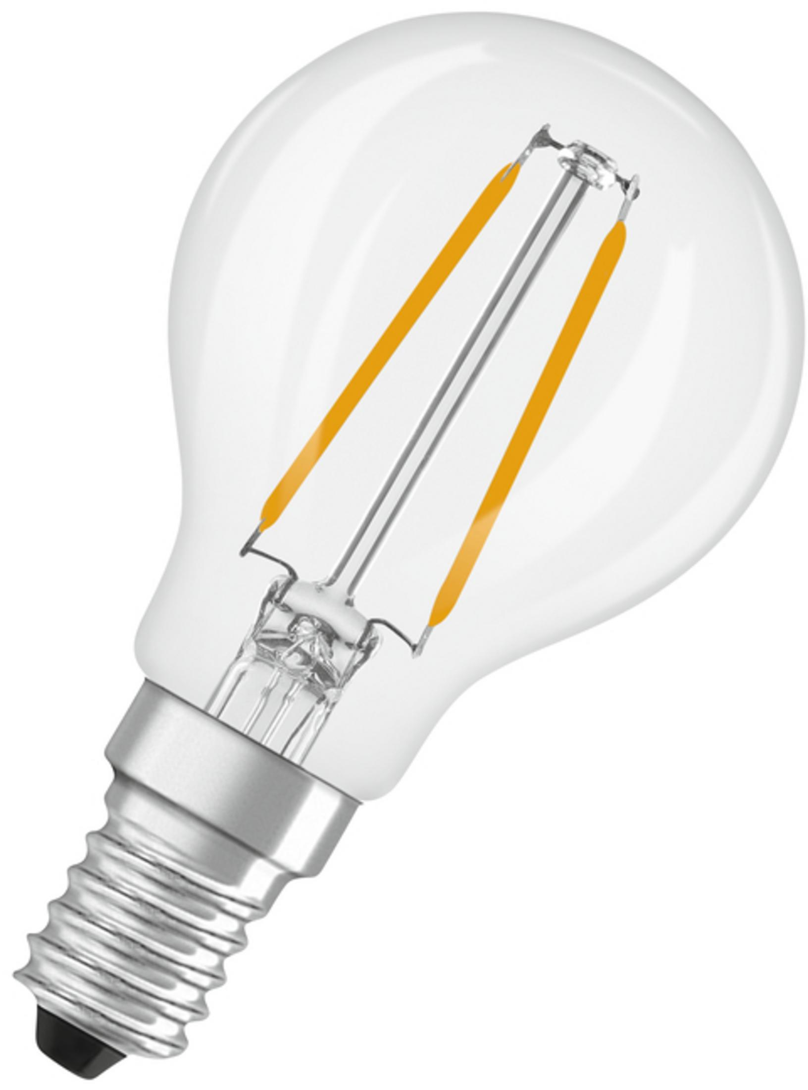 Eine klare, runde LED-Filament-Glühbirne mit silbernem Sockel und zwei gelben Filamentsträngen.