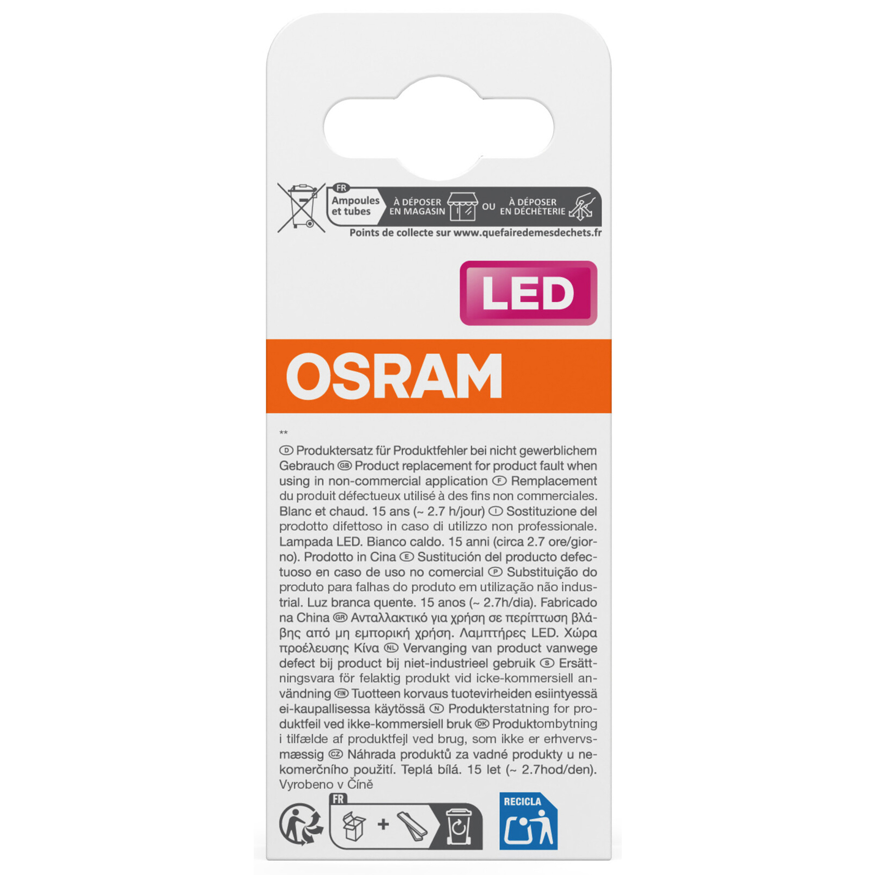 OSRAM LED-Lampe: Hinweis zur Entsorgung und Produktinformationen.