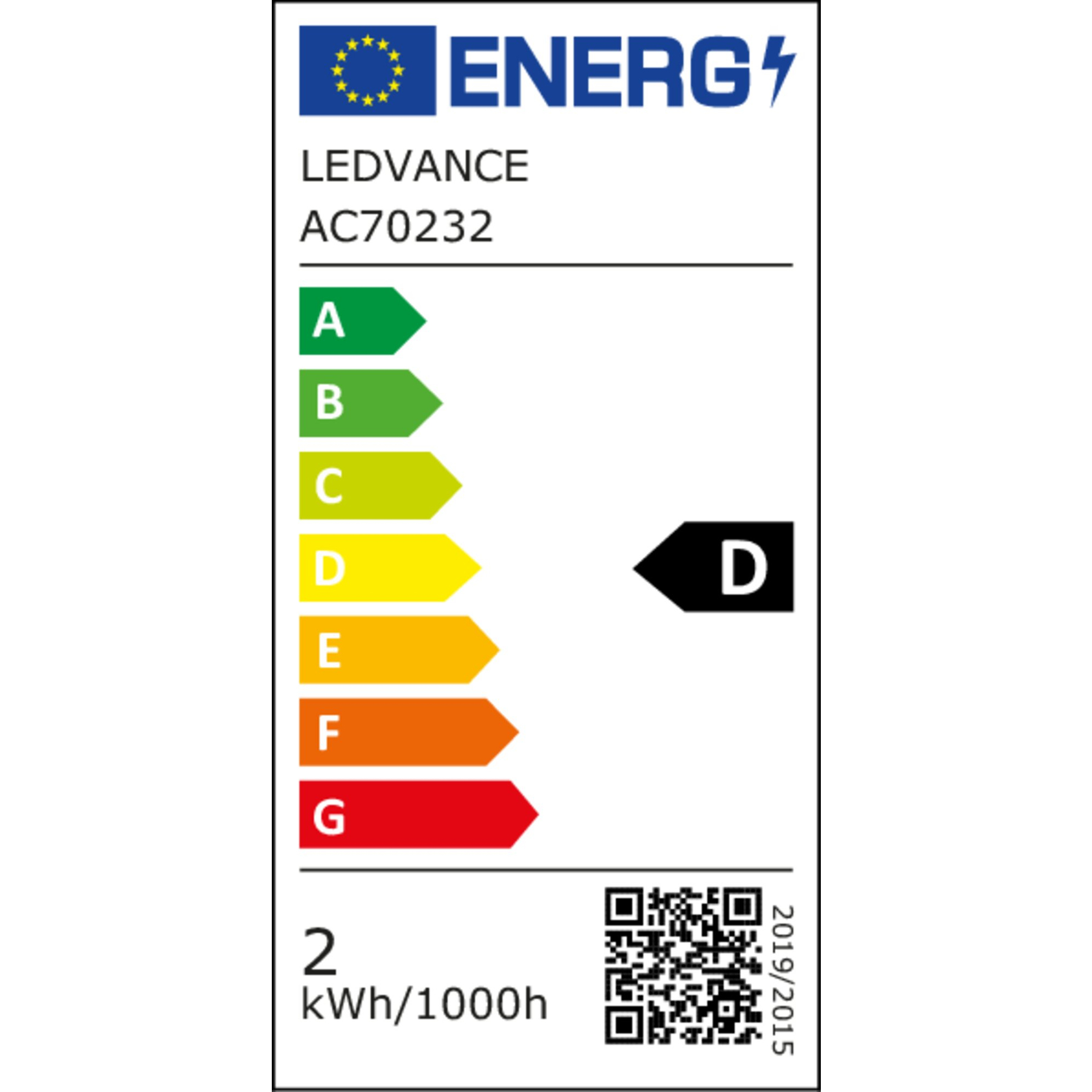 Energielabel mit LEDVANCE AC70232, Energieeffizienzklasse D, 2 kWh/1000h.